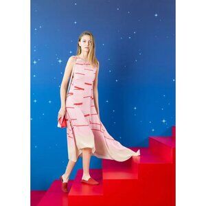 Akris Silk Pink Sleeveless Midi Dress Stripe Print Resort 2018 Size US 16